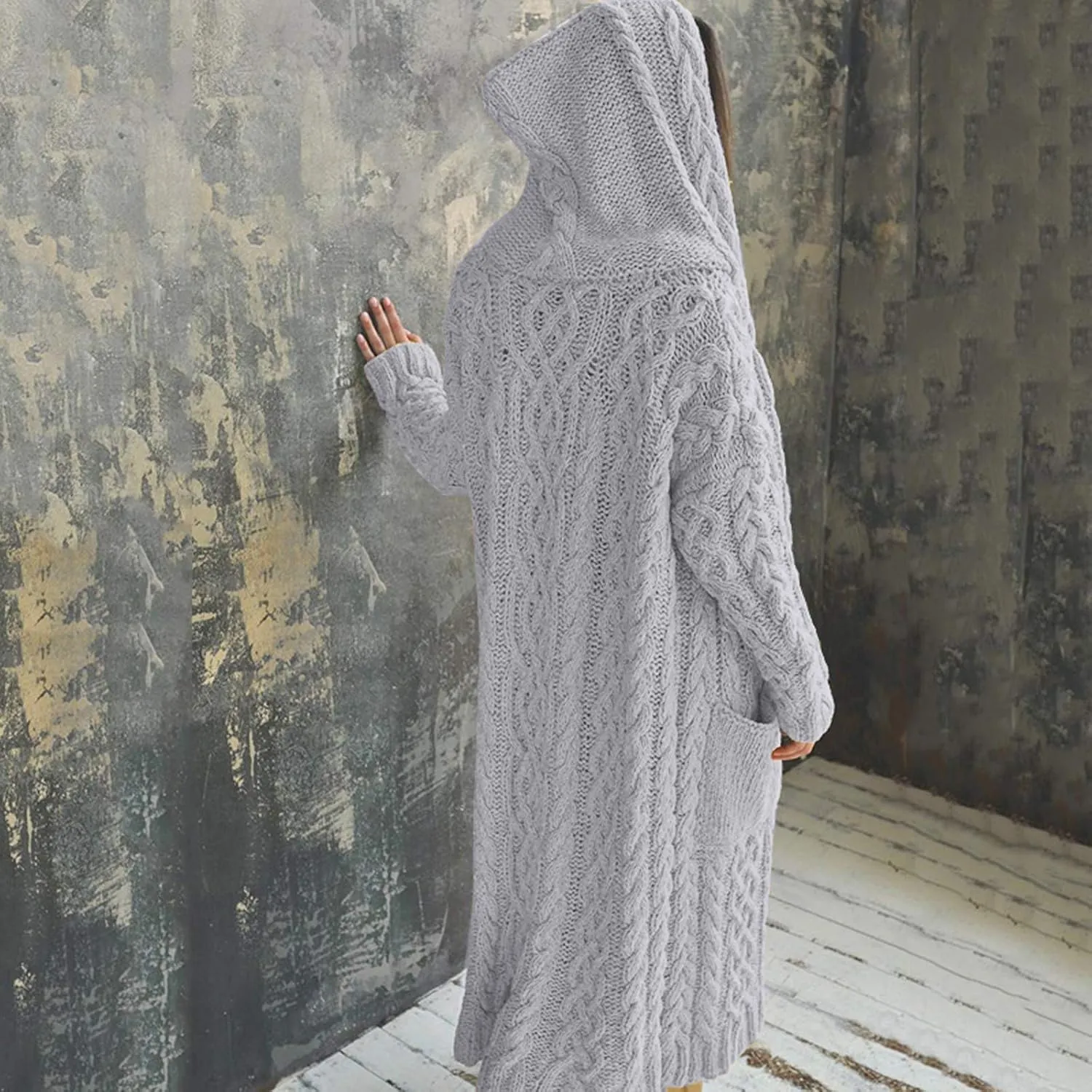 Lastesso 2023 Fall Cardigan for Women Soft Long Knit Overcoat Oversize Open Front Cable Knit Hooded Coat Trendy Sweater