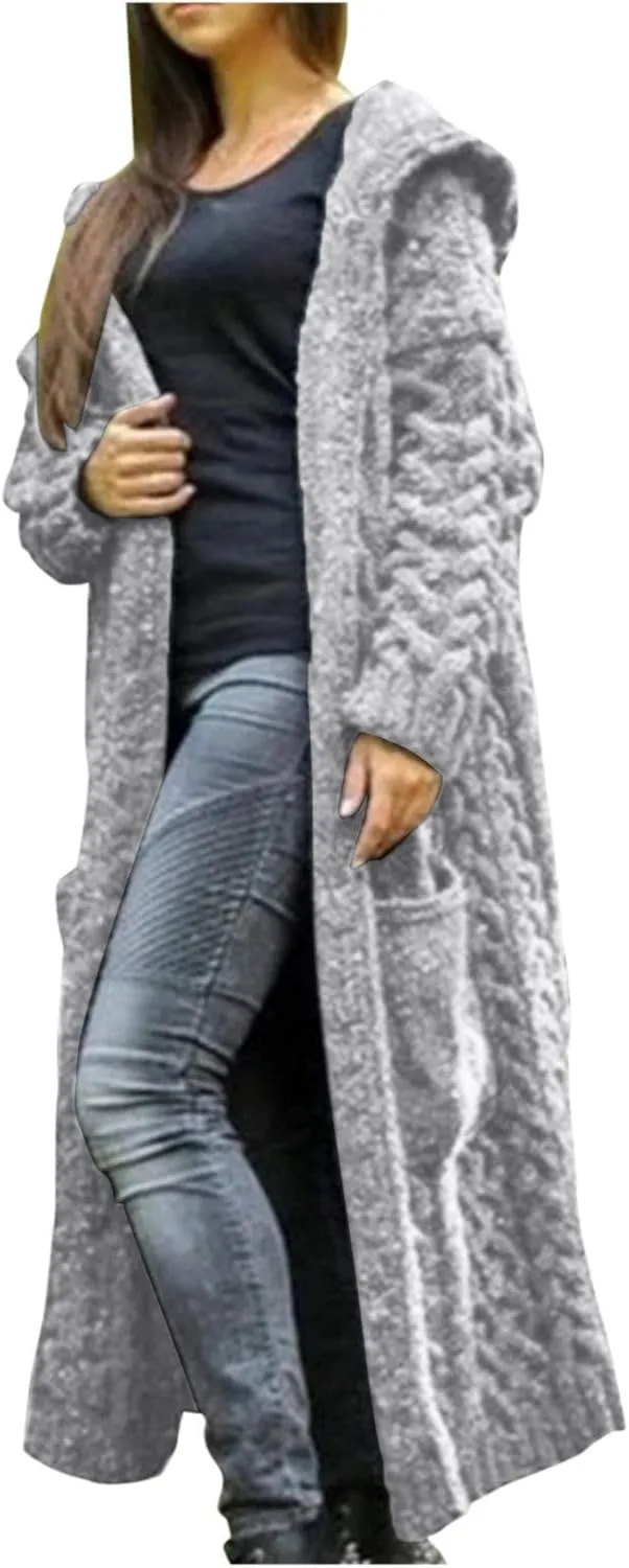 Lastesso 2023 Fall Cardigan for Women Soft Long Knit Overcoat Oversize Open Front Cable Knit Hooded Coat Trendy Sweater