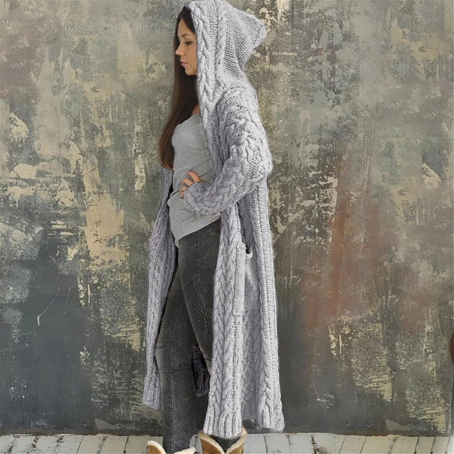 Lastesso 2023 Fall Cardigan for Women Soft Long Knit Overcoat Oversize Open Front Cable Knit Hooded Coat Trendy Sweater