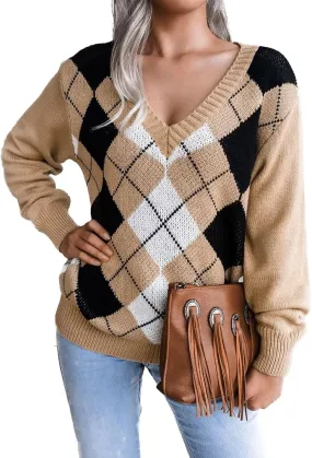 Lu's Chic Women's V Neck Argyle Sweater Soft Long Sleeve Winter Top Warm Knit Y2K Oversized Baggy Pullover Sweaters