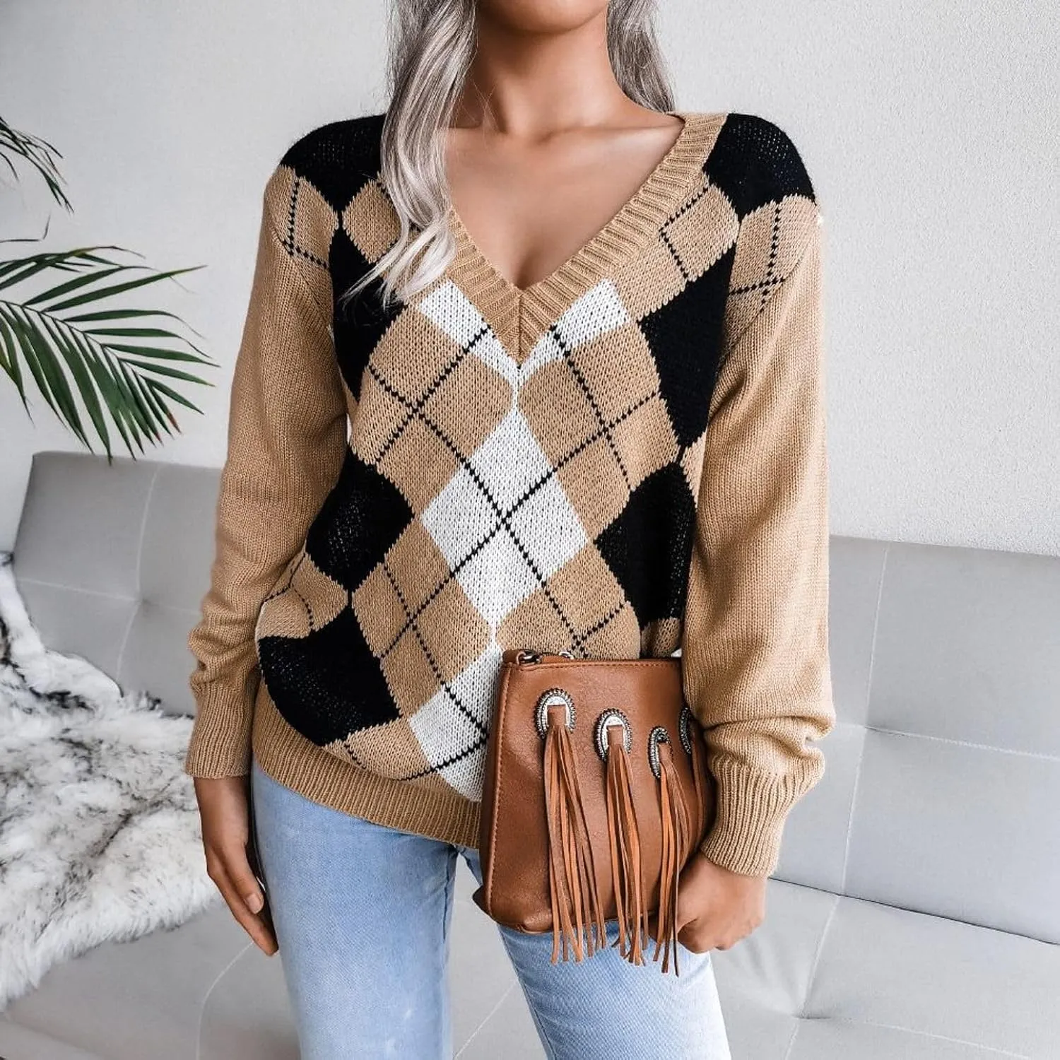 Lu's Chic Women's V Neck Argyle Sweater Soft Long Sleeve Winter Top Warm Knit Y2K Oversized Baggy Pullover Sweaters