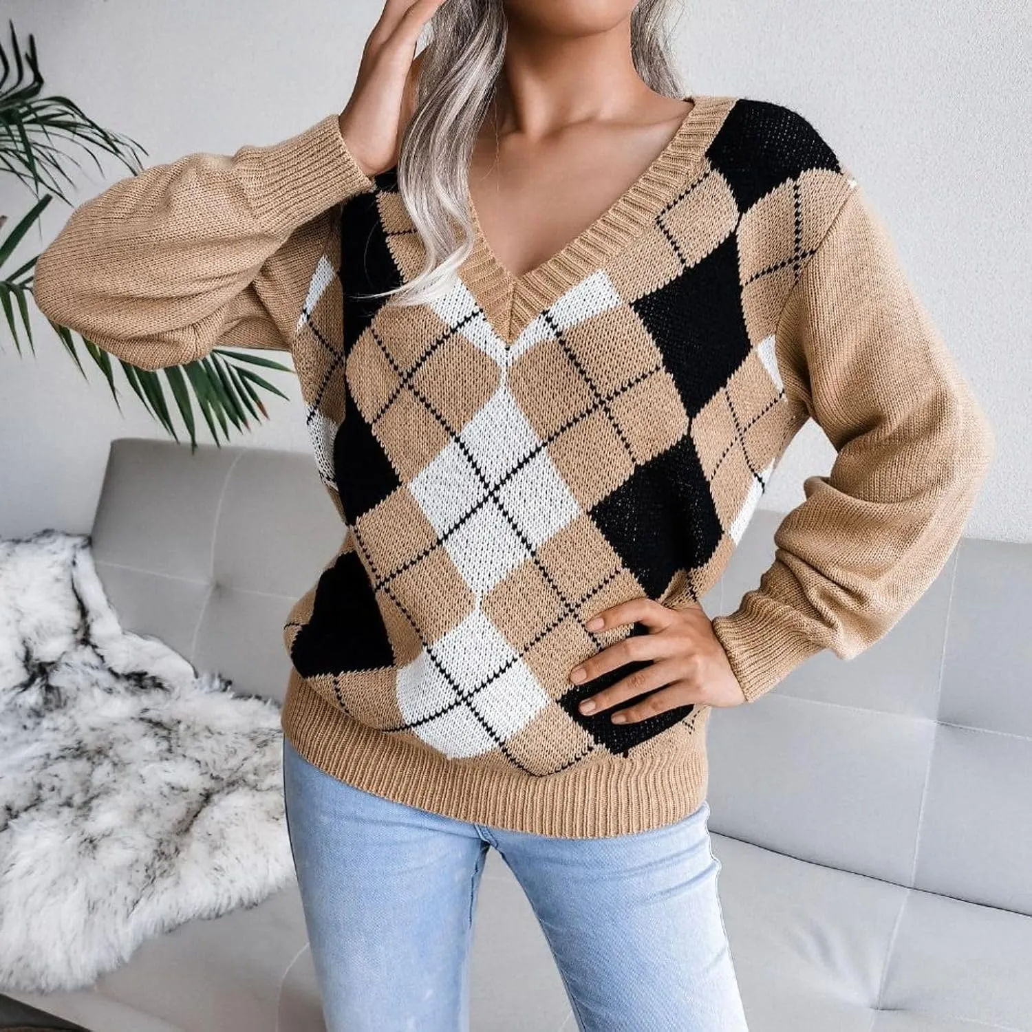 Lu's Chic Women's V Neck Argyle Sweater Soft Long Sleeve Winter Top Warm Knit Y2K Oversized Baggy Pullover Sweaters