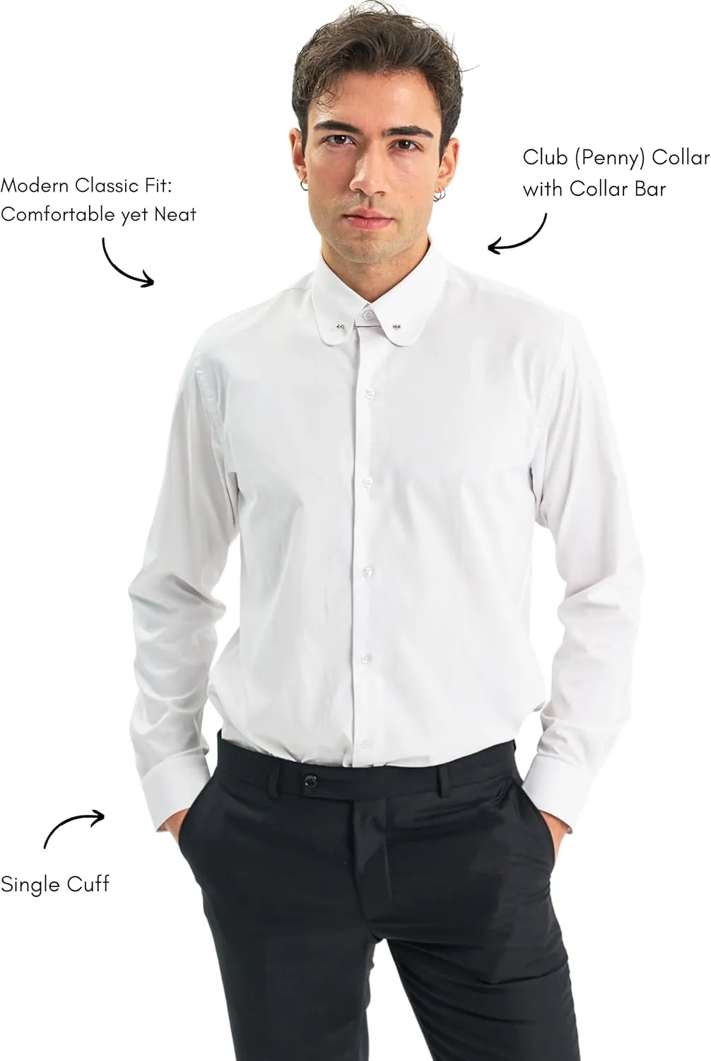 Men's Club Collar Dress Shirt with Pin Collar Bar | Long Sleeve | Button-Up Stylish Formal