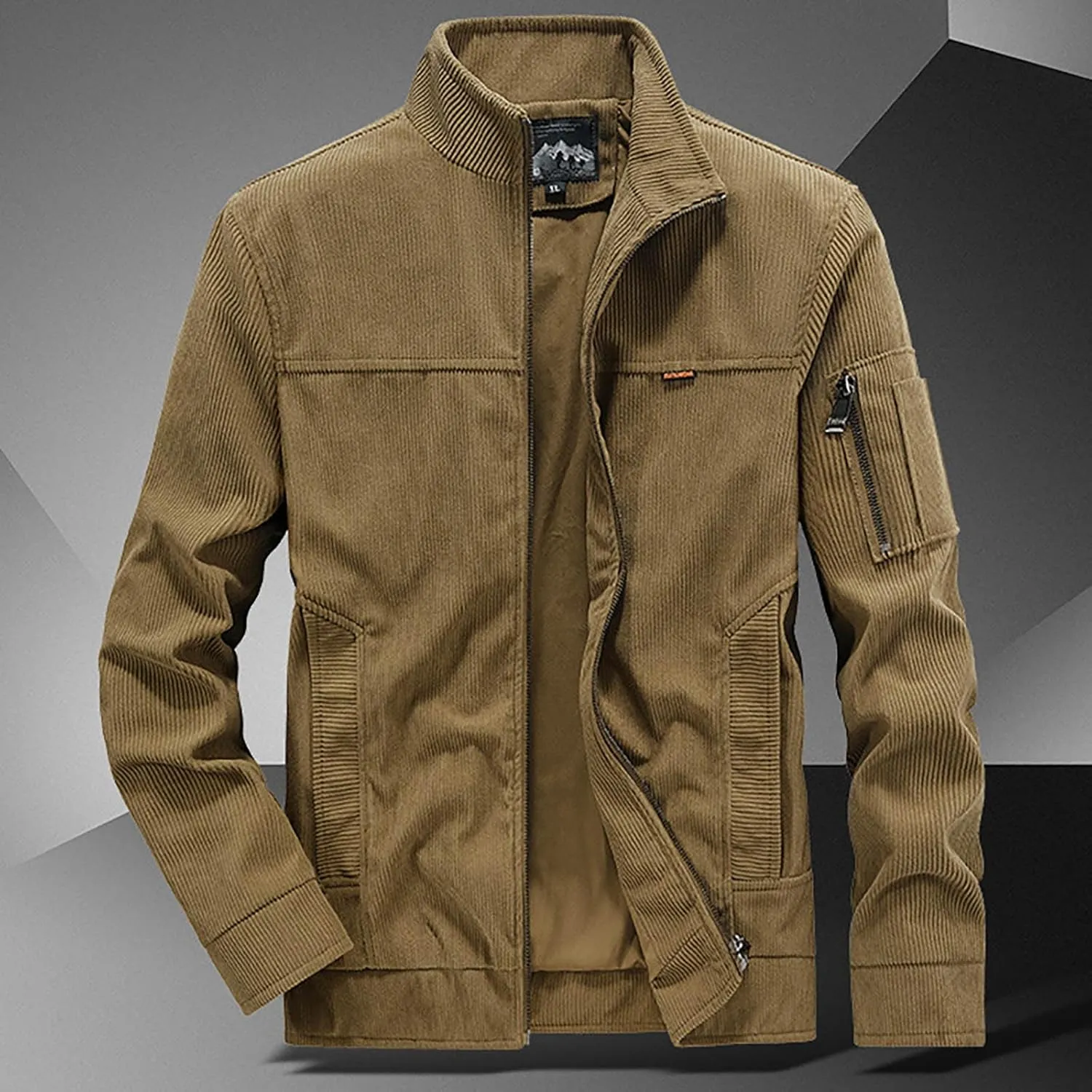 Men's Corduroy Jacket Long Sleeve Stand Collar Trucker Jackets Full Zip Warm Winter Work Coat Outwear with Pockets