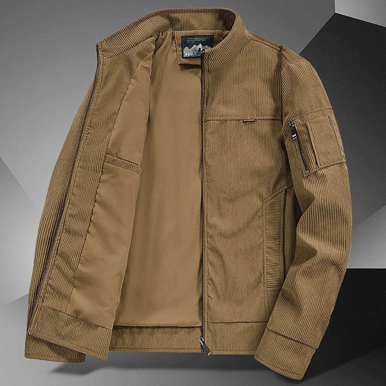 Men's Corduroy Jacket Long Sleeve Stand Collar Trucker Jackets Full Zip Warm Winter Work Coat Outwear with Pockets