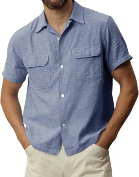 Men's Linen Button Down Shirts Casual Short Sleeve Cuban Camp Guayabera T Shirt Summer Beach Tops with Pockets