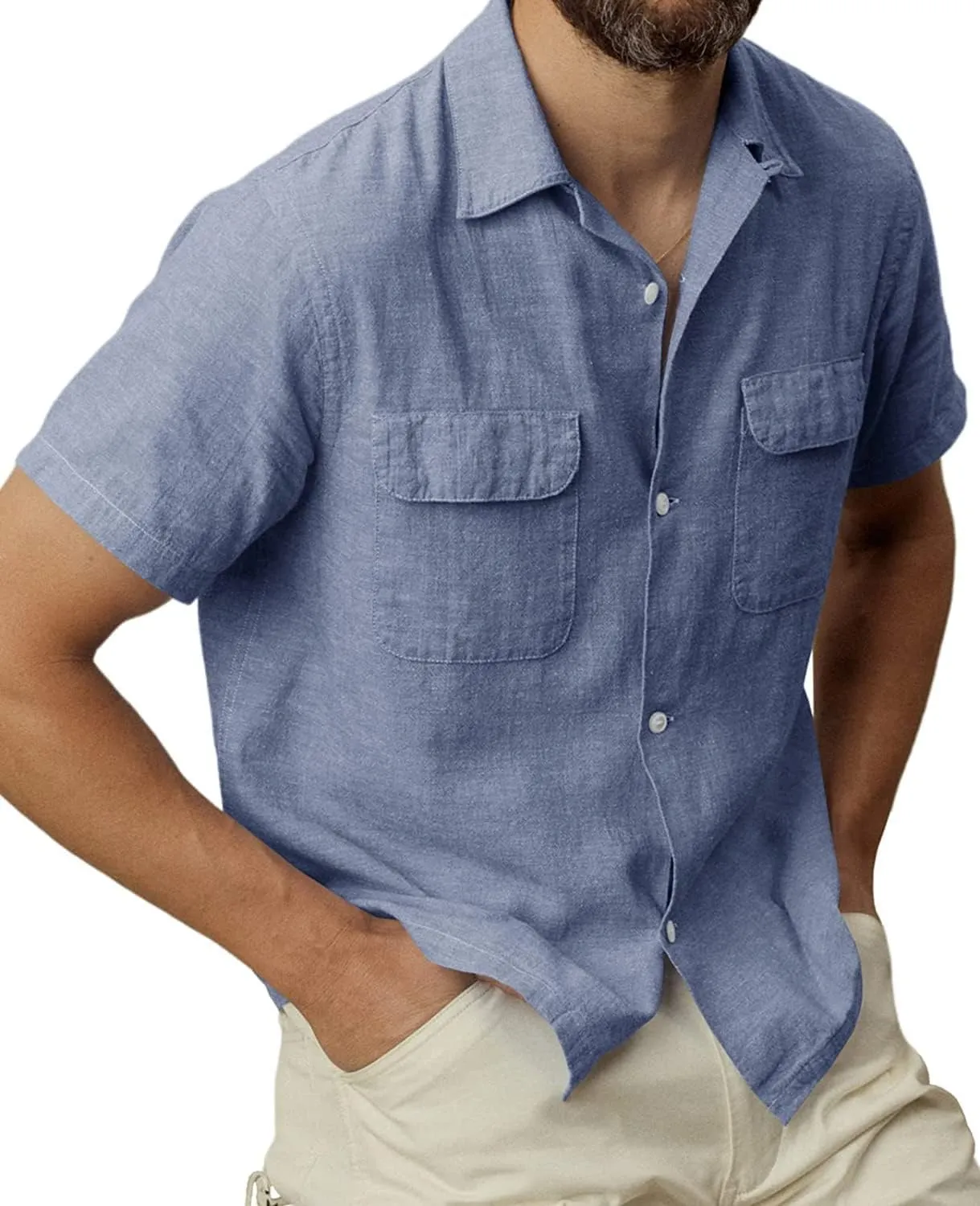 Men's Linen Button Down Shirts Casual Short Sleeve Cuban Camp Guayabera T Shirt Summer Beach Tops with Pockets