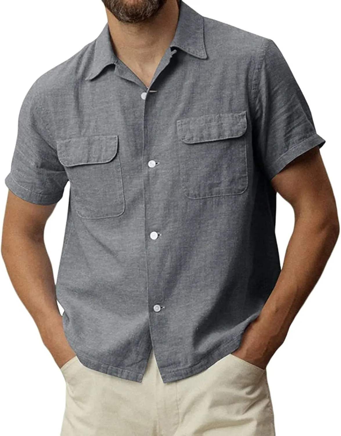 Men's Linen Button Down Shirts Casual Short Sleeve Cuban Camp Guayabera T Shirt Summer Beach Tops with Pockets