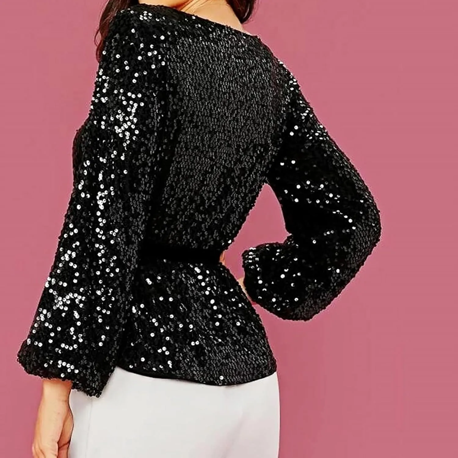 Miyaomn 2024 Women's Elegant Sequin Cocktail Tops Boat Neck Tie Front Long Bell Sleeve Party Dressy Shirts Peplum Tops Blouse