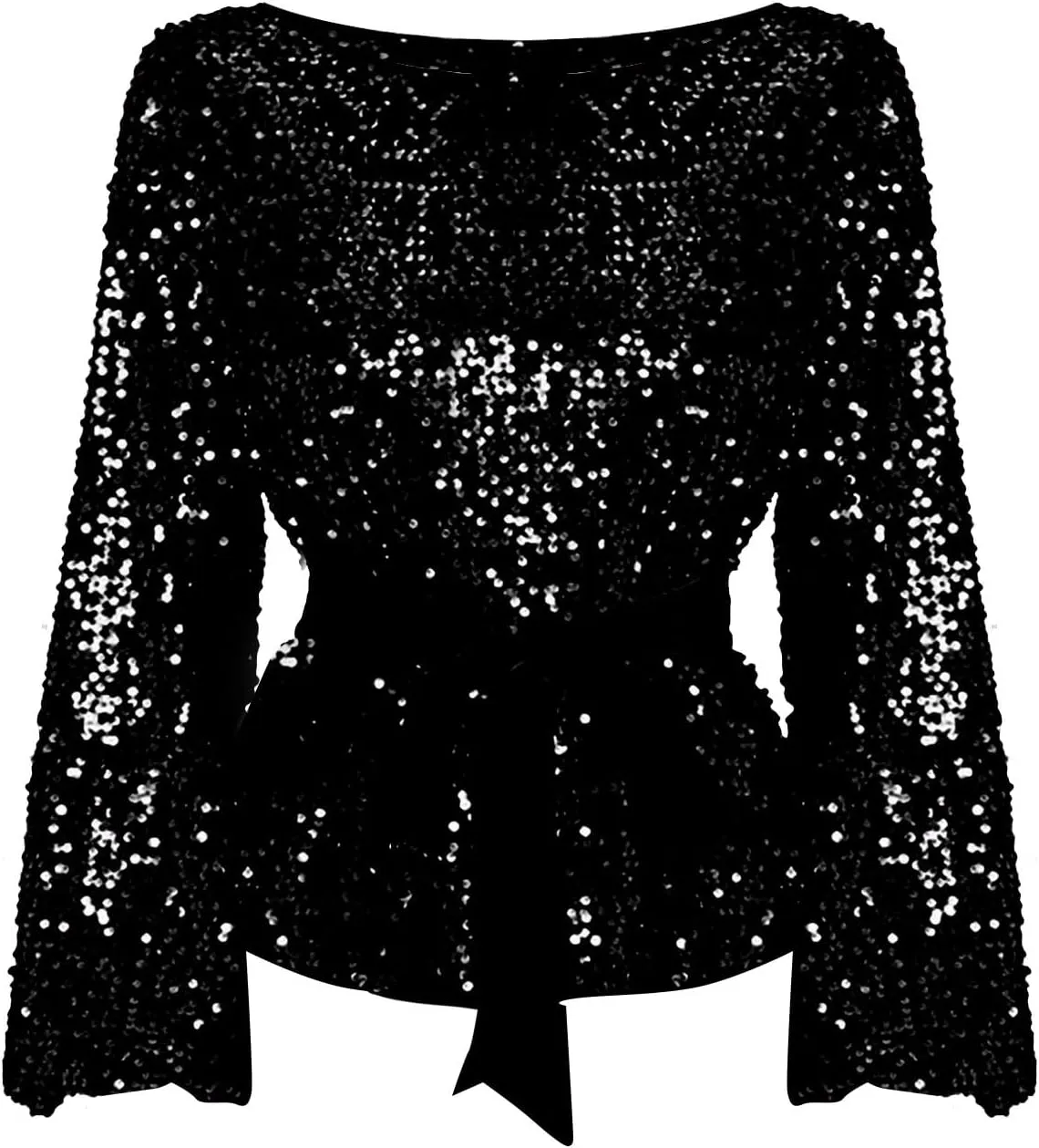 Miyaomn 2024 Women's Elegant Sequin Cocktail Tops Boat Neck Tie Front Long Bell Sleeve Party Dressy Shirts Peplum Tops Blouse