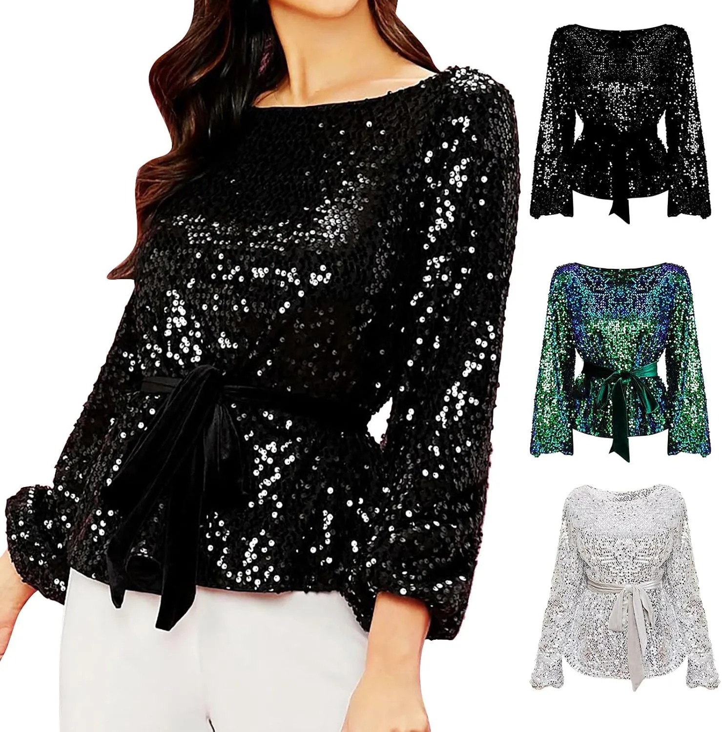 Miyaomn 2024 Women's Elegant Sequin Cocktail Tops Boat Neck Tie Front Long Bell Sleeve Party Dressy Shirts Peplum Tops Blouse