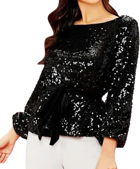 Miyaomn 2024 Women's Elegant Sequin Cocktail Tops Boat Neck Tie Front Long Bell Sleeve Party Dressy Shirts Peplum Tops Blouse