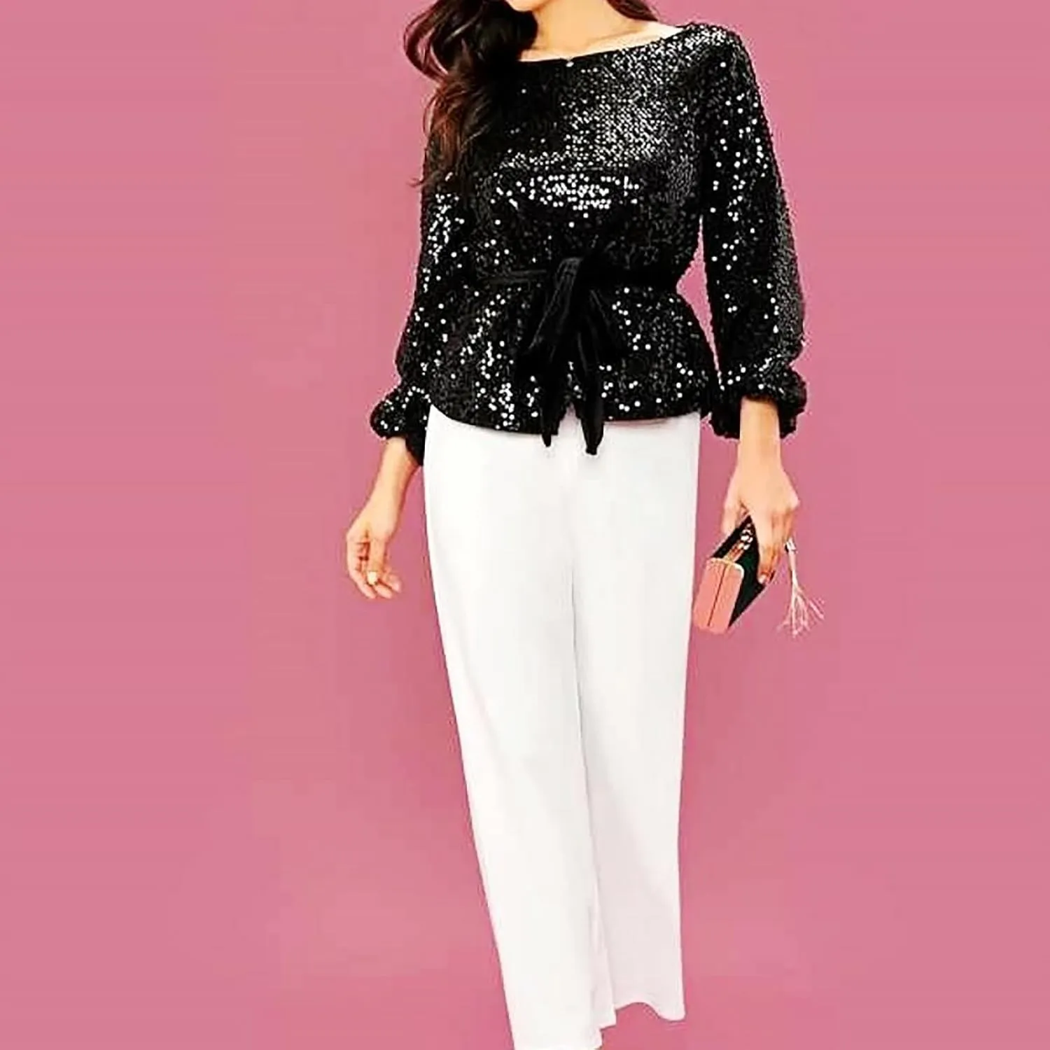 Miyaomn 2024 Women's Elegant Sequin Cocktail Tops Boat Neck Tie Front Long Bell Sleeve Party Dressy Shirts Peplum Tops Blouse