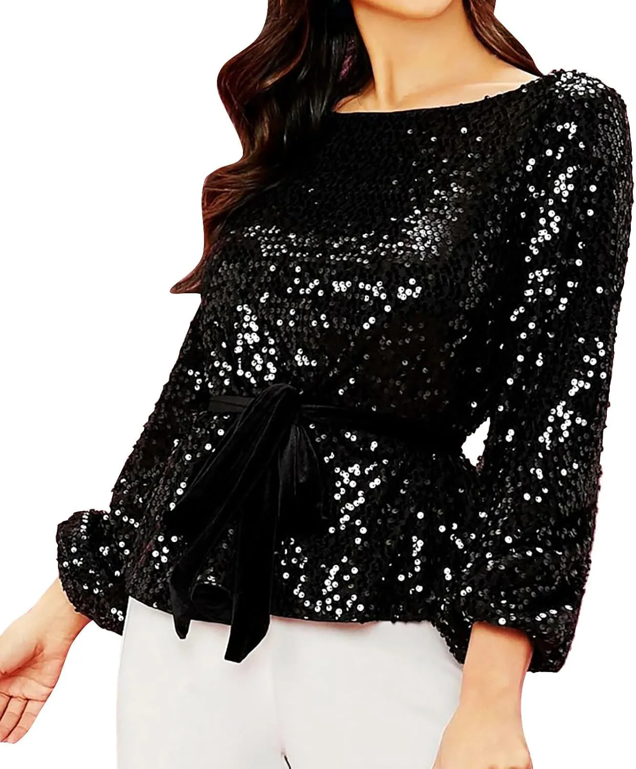 Miyaomn 2024 Women's Elegant Sequin Cocktail Tops Boat Neck Tie Front Long Bell Sleeve Party Dressy Shirts Peplum Tops Blouse