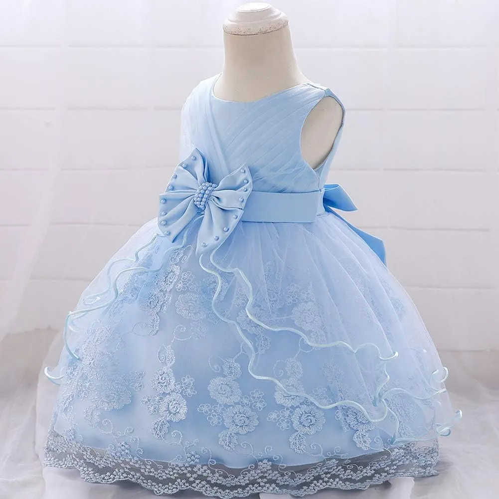 OBEEII Baby Girl Christening Baptism Gown Flower Embroidery Tutu Dress Special Occasion Tulle Dress