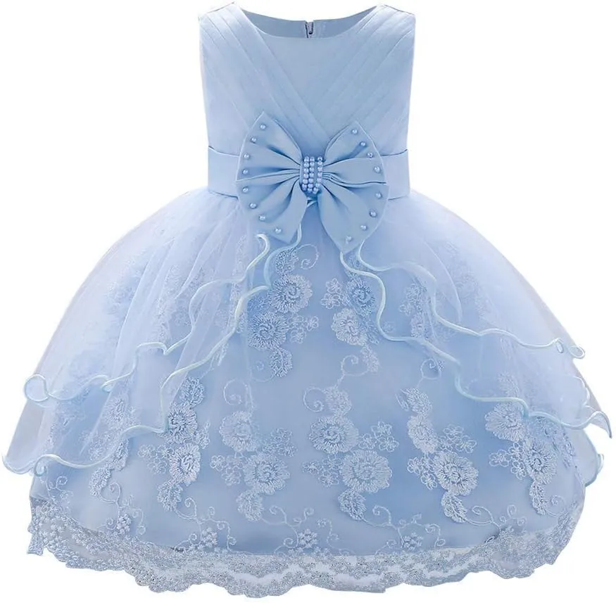 OBEEII Baby Girl Christening Baptism Gown Flower Embroidery Tutu Dress Special Occasion Tulle Dress