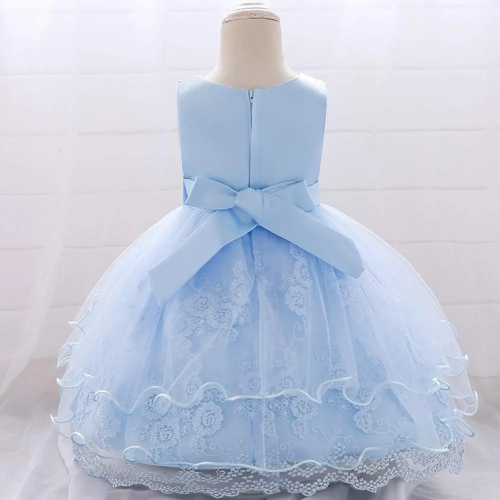 OBEEII Baby Girl Christening Baptism Gown Flower Embroidery Tutu Dress Special Occasion Tulle Dress