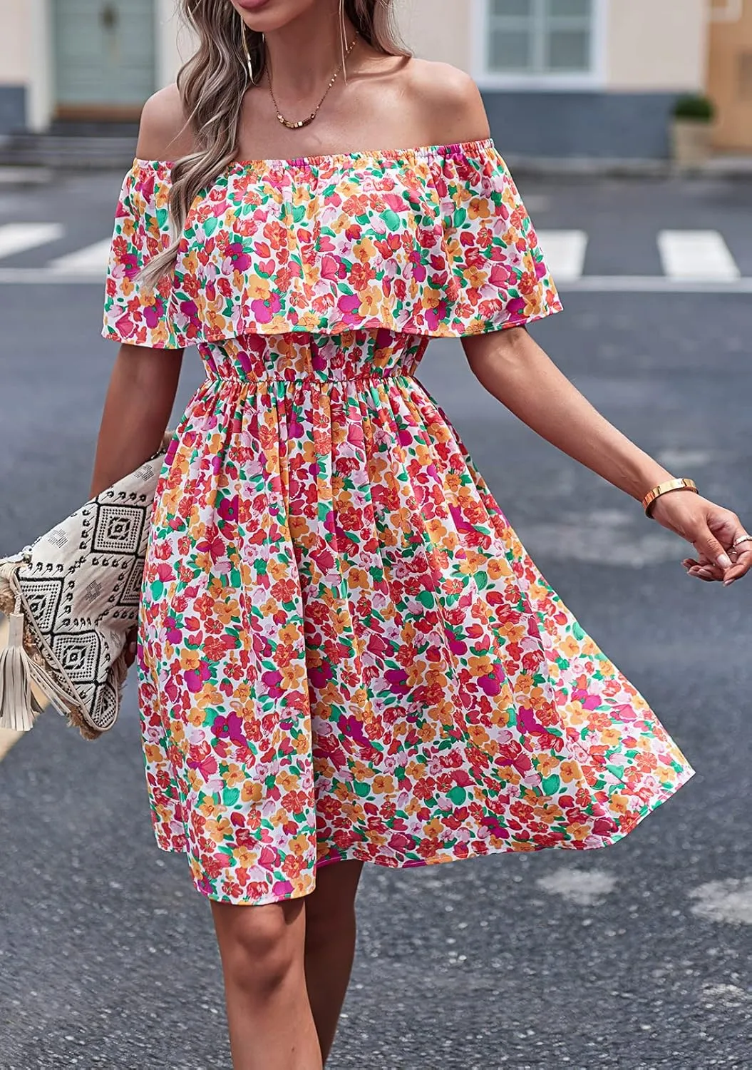 Off Shoulder Boho Floral Swing Mini Dress Summer Strapless Pleated Short Dress