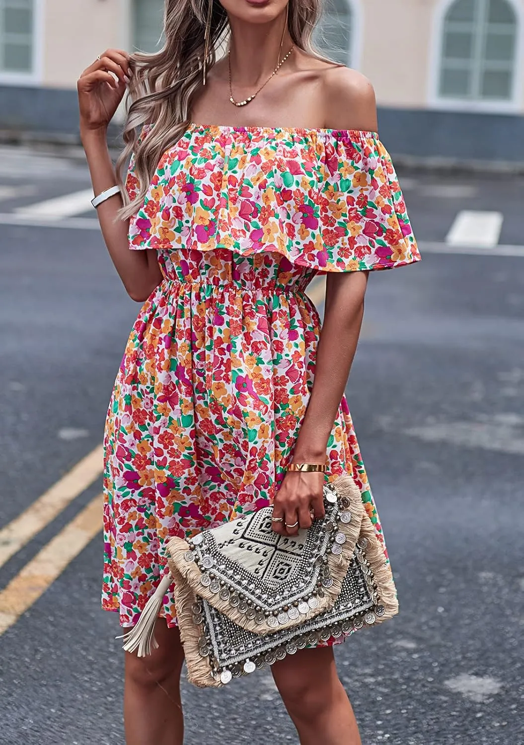 Off Shoulder Boho Floral Swing Mini Dress Summer Strapless Pleated Short Dress