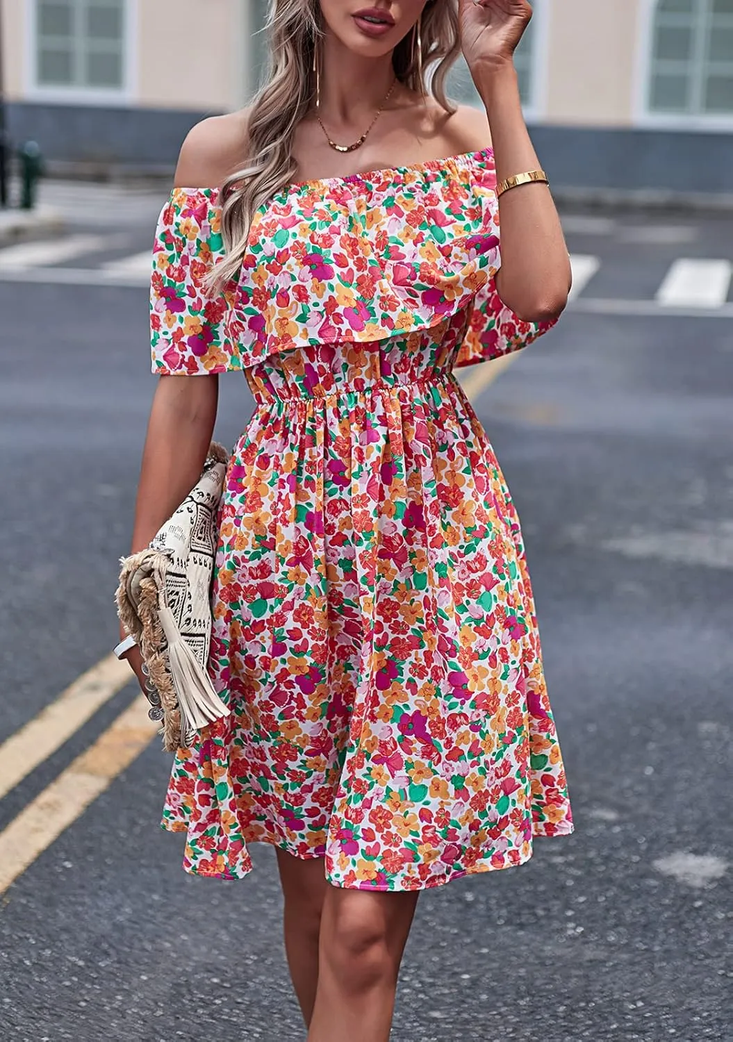 Off Shoulder Boho Floral Swing Mini Dress Summer Strapless Pleated Short Dress