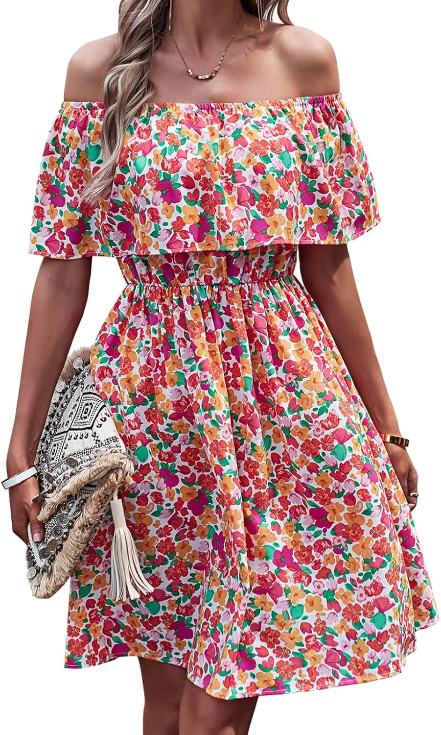 Off Shoulder Boho Floral Swing Mini Dress Summer Strapless Pleated Short Dress