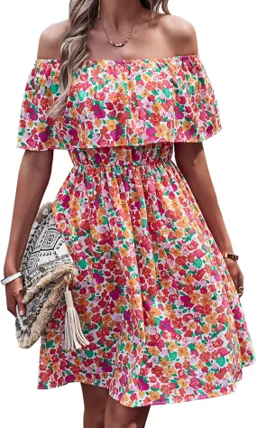 Off Shoulder Boho Floral Swing Mini Dress Summer Strapless Pleated Short Dress