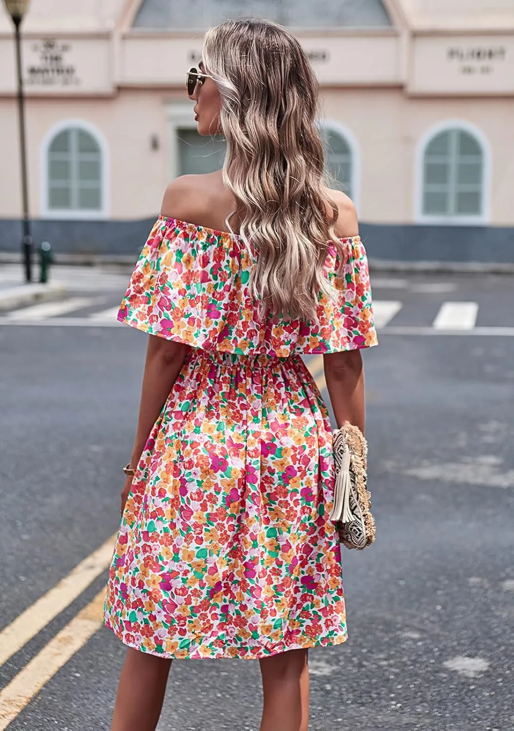 Off Shoulder Boho Floral Swing Mini Dress Summer Strapless Pleated Short Dress