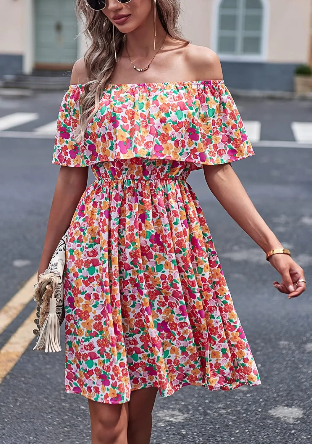 Off Shoulder Boho Floral Swing Mini Dress Summer Strapless Pleated Short Dress