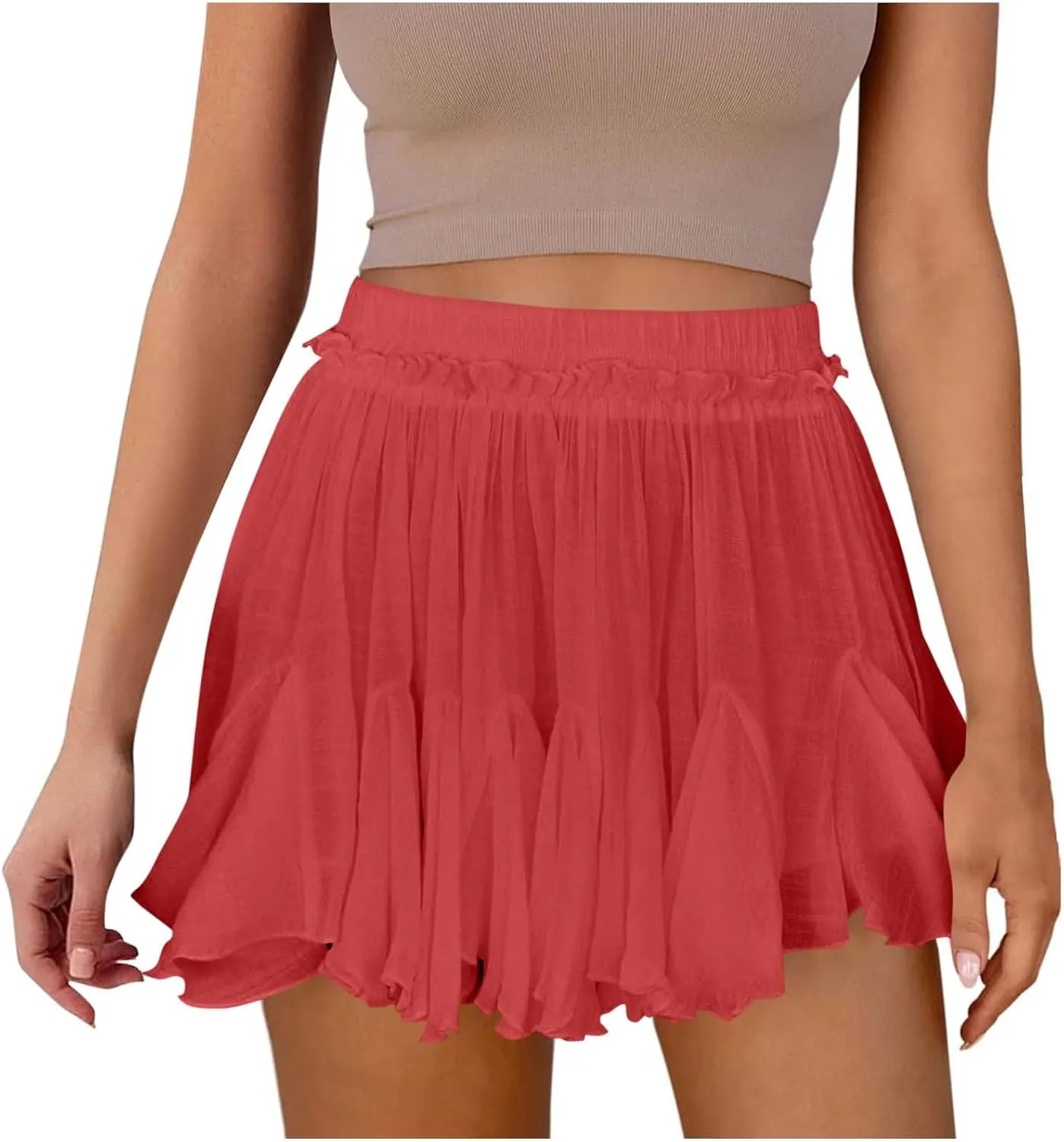 Oplxuo Women's Chiffon Flowy Shorts Casual Boho Ruffle Mini Skirts Pleated A-Line High Waist Cute Summer Trendy Skorts