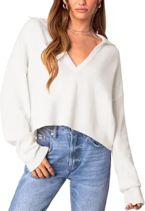Oversized Fall Cropped Pullover Sweaters for Women Long Sleeve Shirt Loose Tunic Tops V Neck Lightweight Knit Sweater
