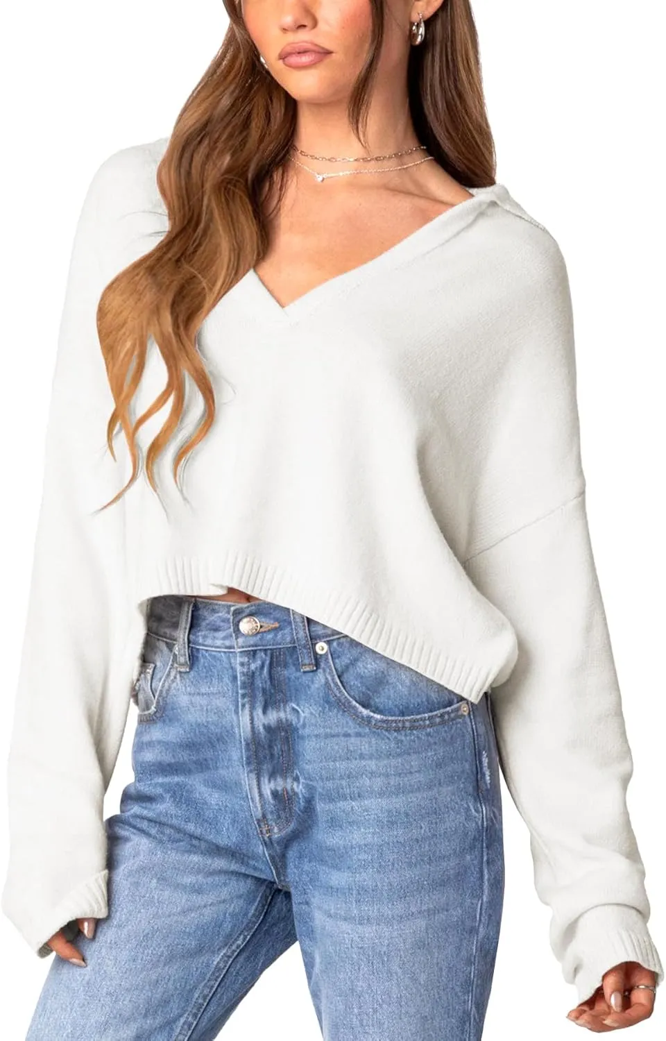Oversized Fall Cropped Pullover Sweaters for Women Long Sleeve Shirt Loose Tunic Tops V Neck Lightweight Knit Sweater