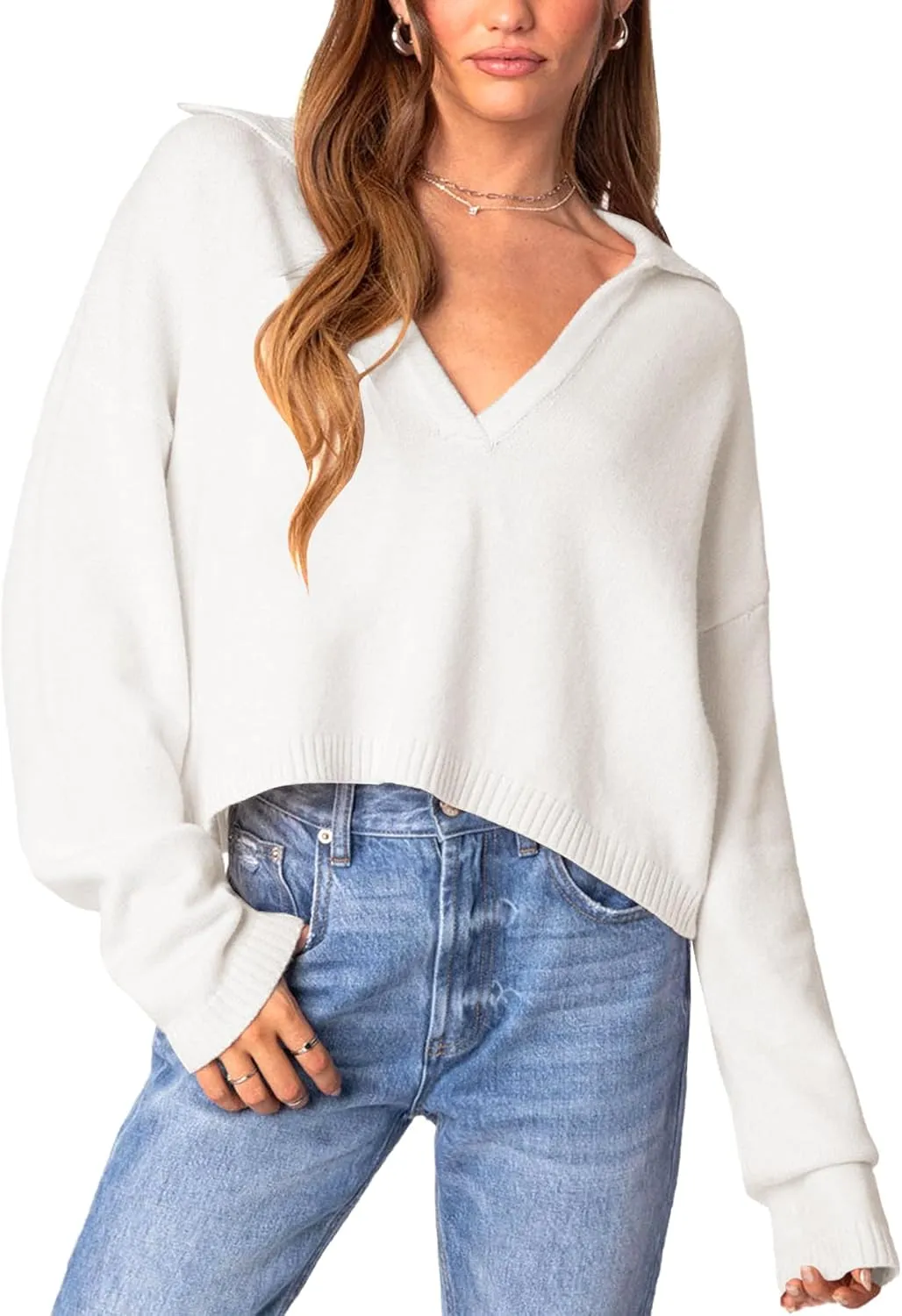 Oversized Fall Cropped Pullover Sweaters for Women Long Sleeve Shirt Loose Tunic Tops V Neck Lightweight Knit Sweater