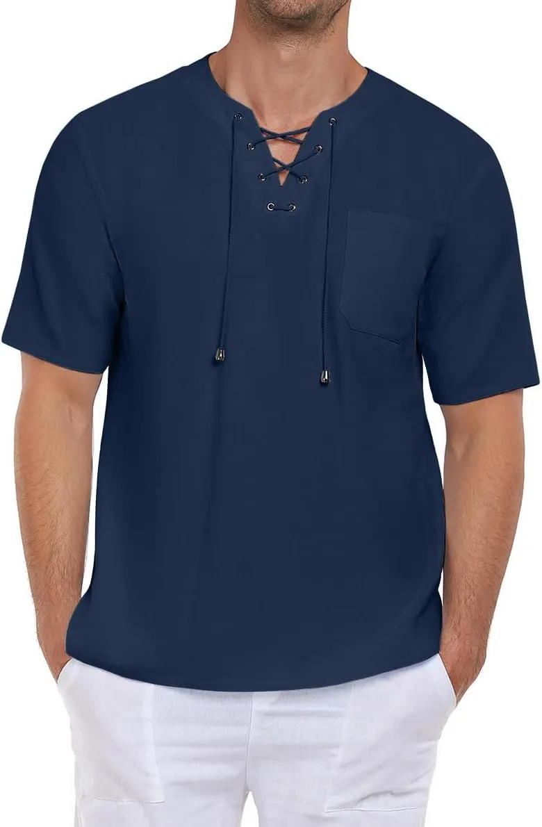 PEGENO Men's Vintage Cotton Linen Casual T Shirt Lace Up Hippie Shirts V-Neck Loose Top with Pocket