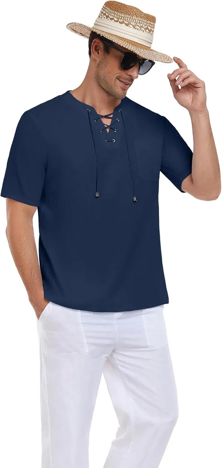 PEGENO Men's Vintage Cotton Linen Casual T Shirt Lace Up Hippie Shirts V-Neck Loose Top with Pocket
