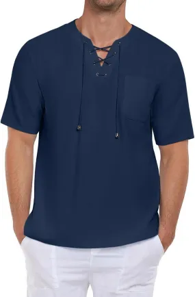 PEGENO Men's Vintage Cotton Linen Casual T Shirt Lace Up Hippie Shirts V-Neck Loose Top with Pocket