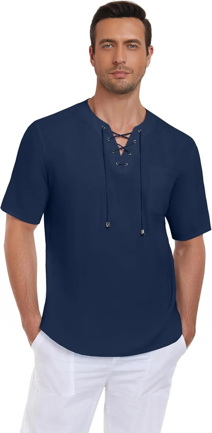 PEGENO Men's Vintage Cotton Linen Casual T Shirt Lace Up Hippie Shirts V-Neck Loose Top with Pocket