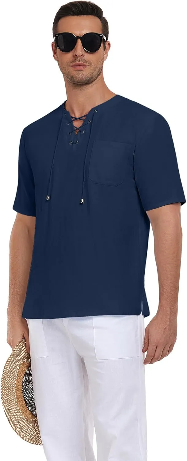 PEGENO Men's Vintage Cotton Linen Casual T Shirt Lace Up Hippie Shirts V-Neck Loose Top with Pocket