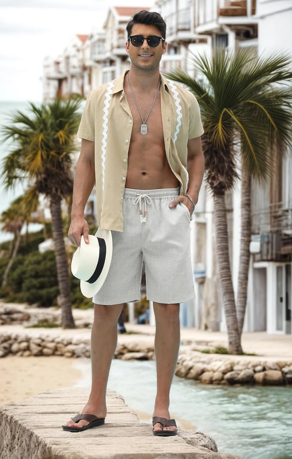 Sailwind Mens Linen Shorts Casual Drawstring Summer Beach Shorts