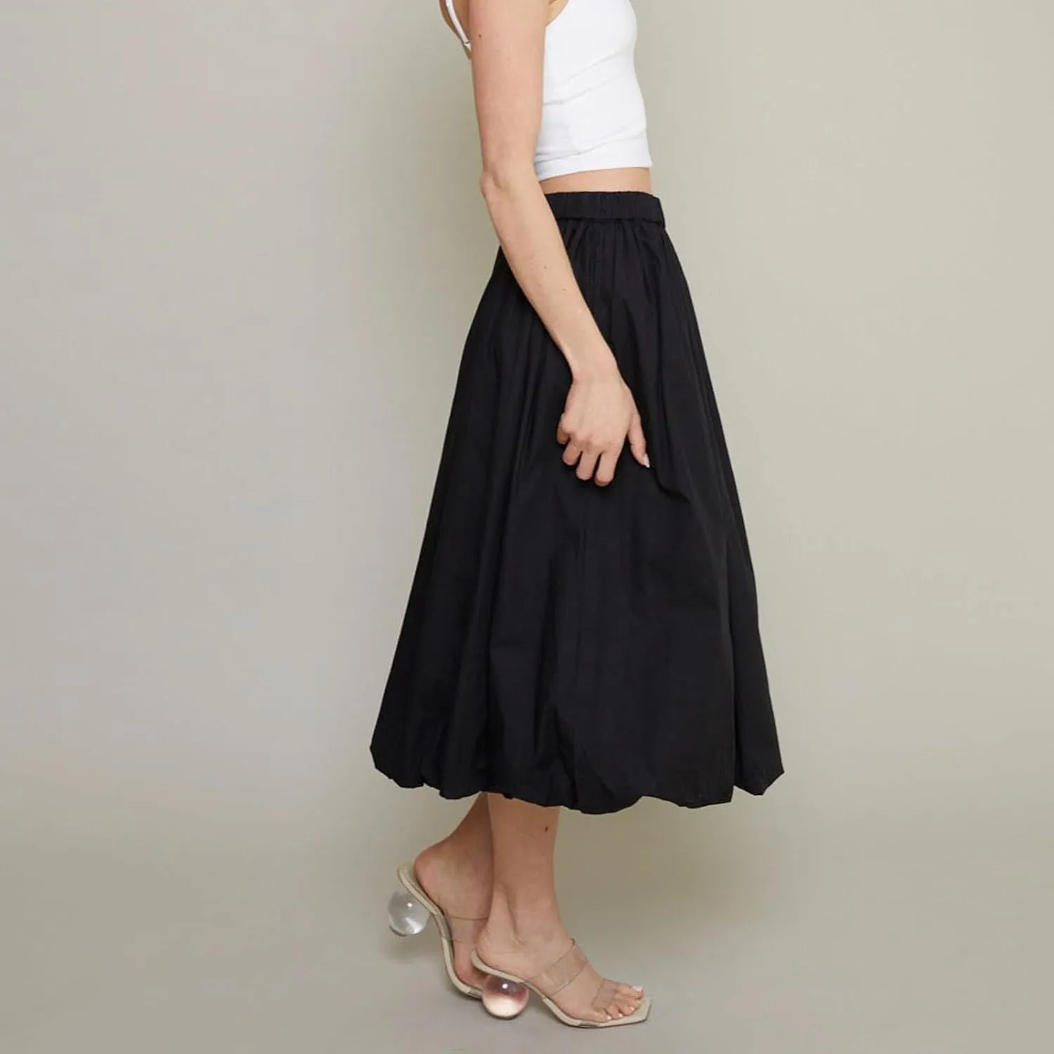 SOLILOQUY Women Bubble Midi Skirt Y2K Elastic Waist Pleated A-Line Solid Puff Long Skirt with Pockets Elegant Balloon Skirt