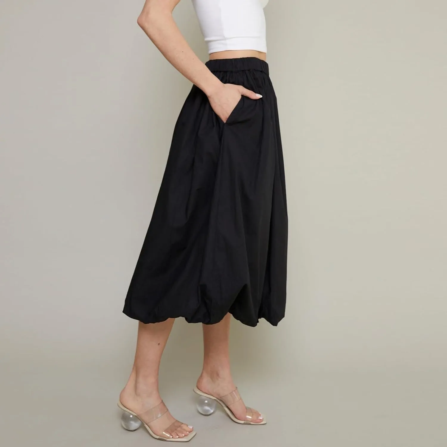 SOLILOQUY Women Bubble Midi Skirt Y2K Elastic Waist Pleated A-Line Solid Puff Long Skirt with Pockets Elegant Balloon Skirt