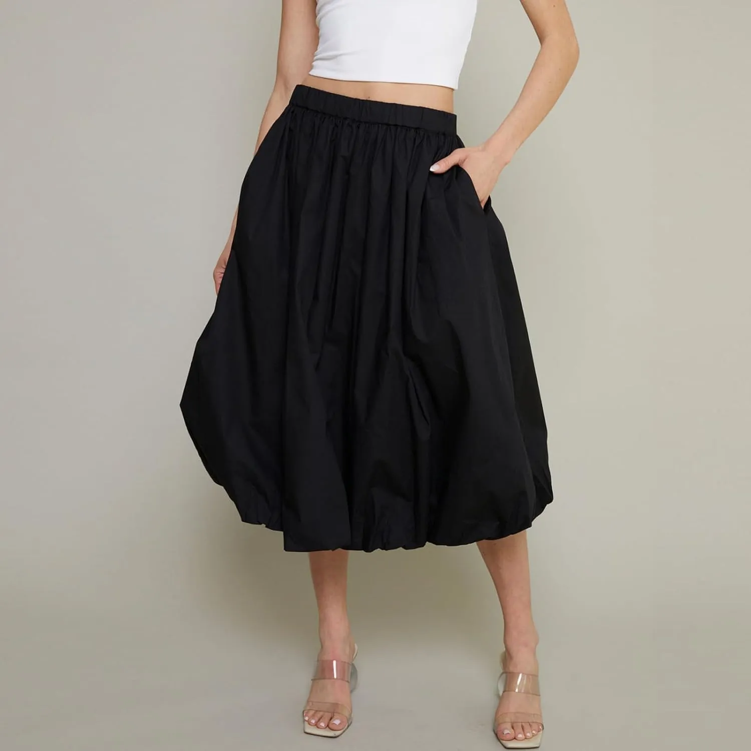 SOLILOQUY Women Bubble Midi Skirt Y2K Elastic Waist Pleated A-Line Solid Puff Long Skirt with Pockets Elegant Balloon Skirt