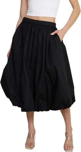 SOLILOQUY Women Bubble Midi Skirt Y2K Elastic Waist Pleated A-Line Solid Puff Long Skirt with Pockets Elegant Balloon Skirt