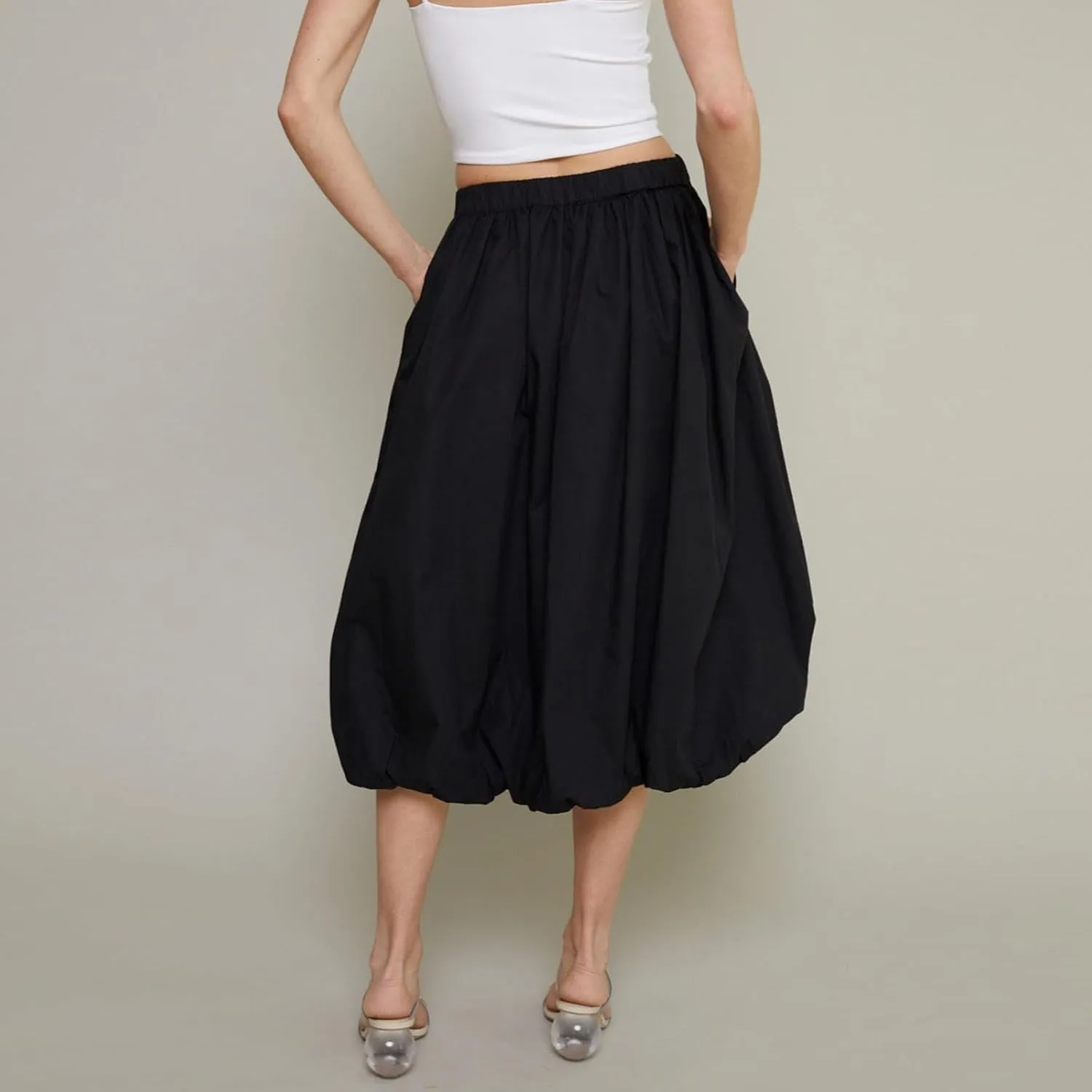 SOLILOQUY Women Bubble Midi Skirt Y2K Elastic Waist Pleated A-Line Solid Puff Long Skirt with Pockets Elegant Balloon Skirt