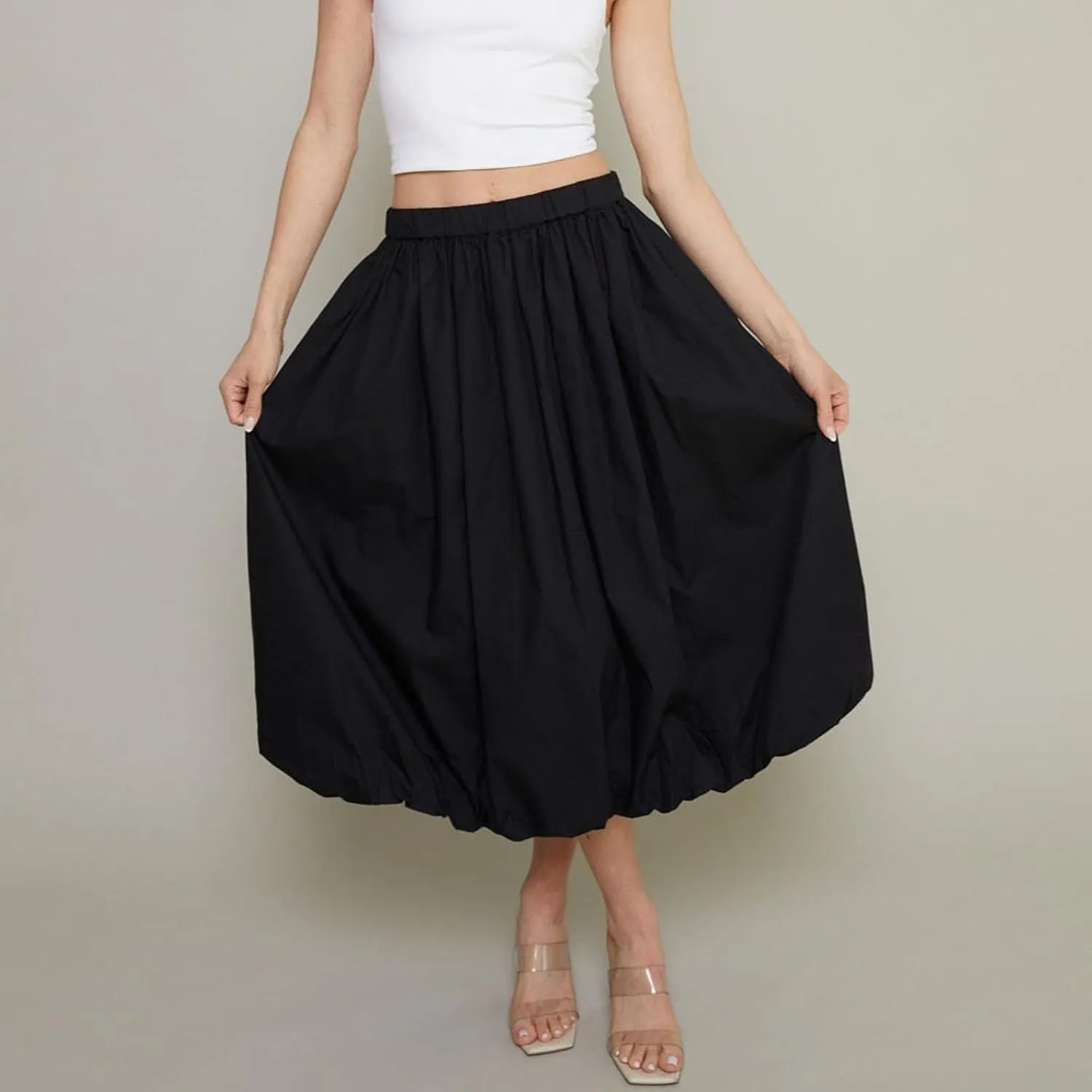 SOLILOQUY Women Bubble Midi Skirt Y2K Elastic Waist Pleated A-Line Solid Puff Long Skirt with Pockets Elegant Balloon Skirt