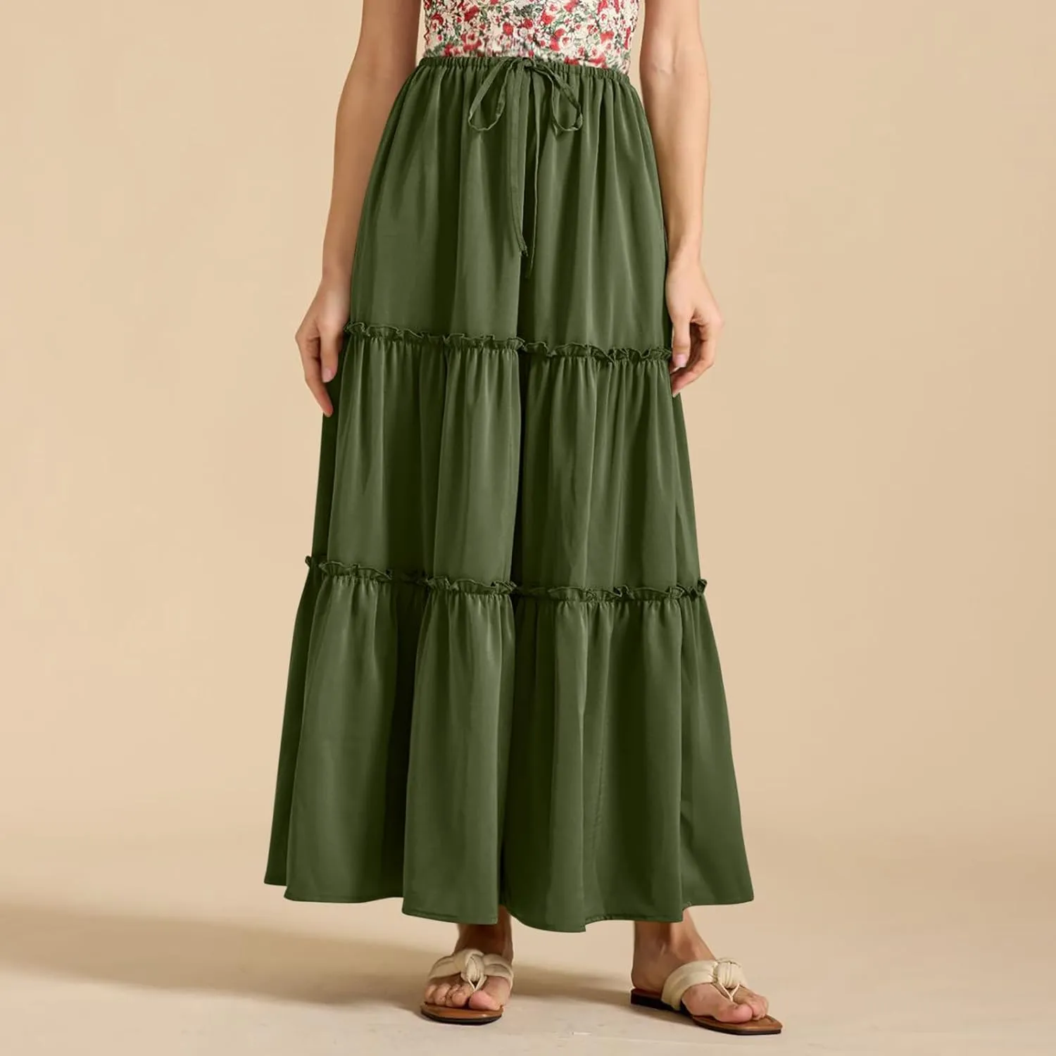Summer Skirts for Women Tiered Pleated A-Line Elastic Waist Drawstring Flowy Beach Maxi Skirt Vacation Trendy Outfit