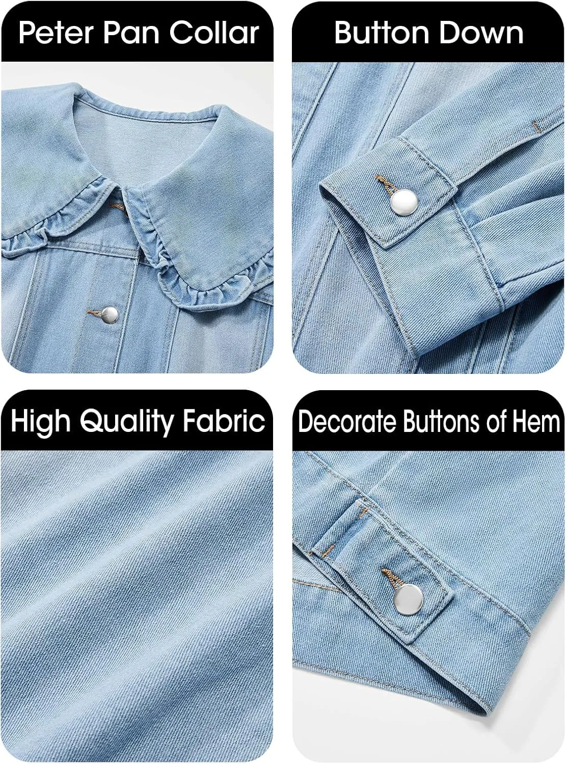 Takaneo Womens Denim Jacket Peter Pan Collar Cute Cropped Long Sleeve Shirts Jean Coat with Pockets