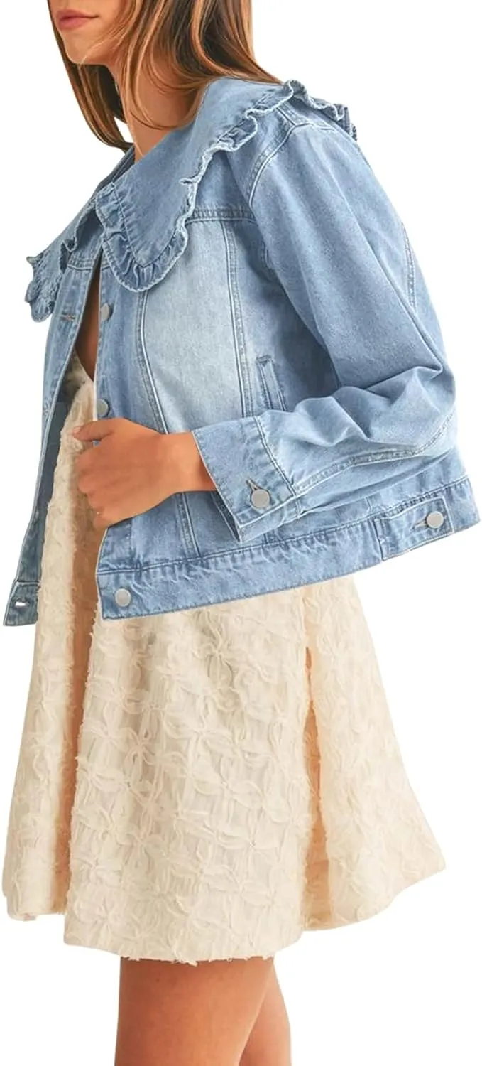 Takaneo Womens Denim Jacket Peter Pan Collar Cute Cropped Long Sleeve Shirts Jean Coat with Pockets