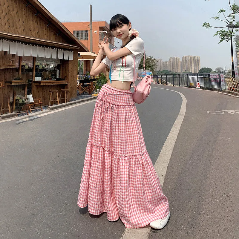 Toleet church outfit Retro Pink Plaid Lace-up High Waist Skirt for Women 2024 Summer New Loose Slimming Casual Skirt Umbrella Skirt