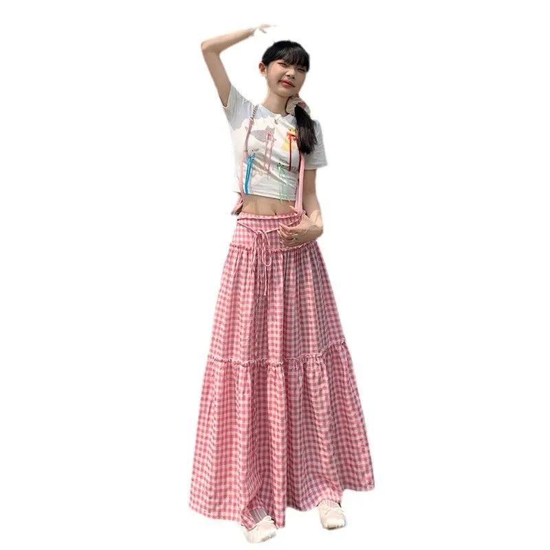 Toleet church outfit Retro Pink Plaid Lace-up High Waist Skirt for Women 2024 Summer New Loose Slimming Casual Skirt Umbrella Skirt