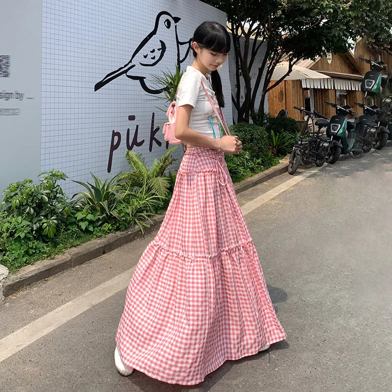 Toleet church outfit Retro Pink Plaid Lace-up High Waist Skirt for Women 2024 Summer New Loose Slimming Casual Skirt Umbrella Skirt
